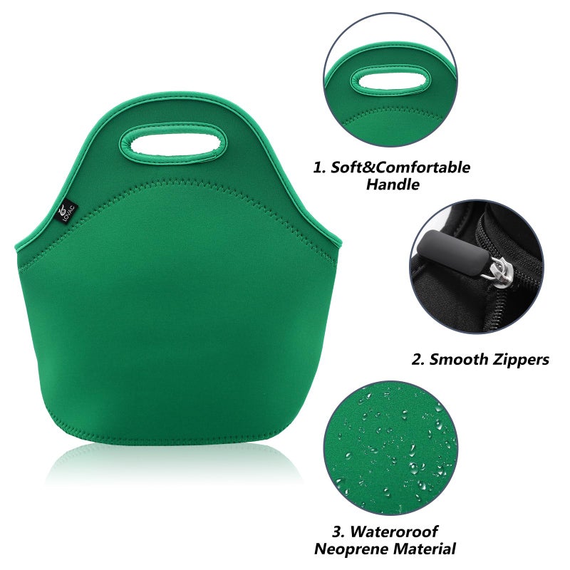 LOVAC Neoprene Lunch Bag, Thick Insulated Lunch Bag - Durable & Waterproof Lunch Tote With Zipper For Outdoor Travel Work (Green) - Image 3